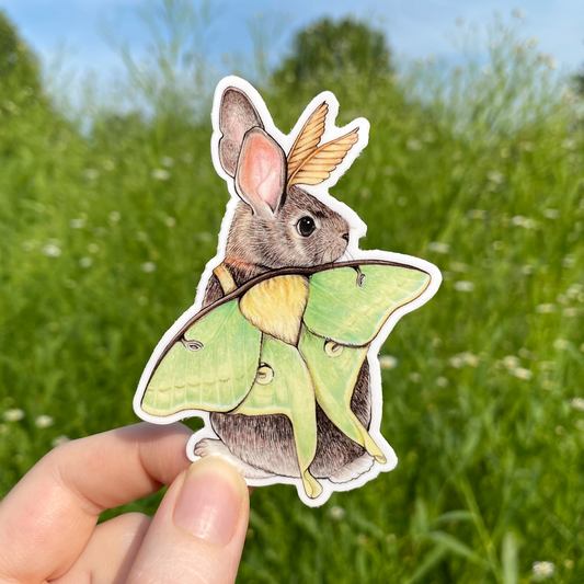 A hand holding a weatherproof vinyl sticker of an eastern cottontail rabbit dressed up as a luna moth.