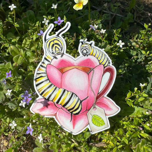Monarch Caterpillars with Milkweed Teacup Weatherproof Vinyl Sticker