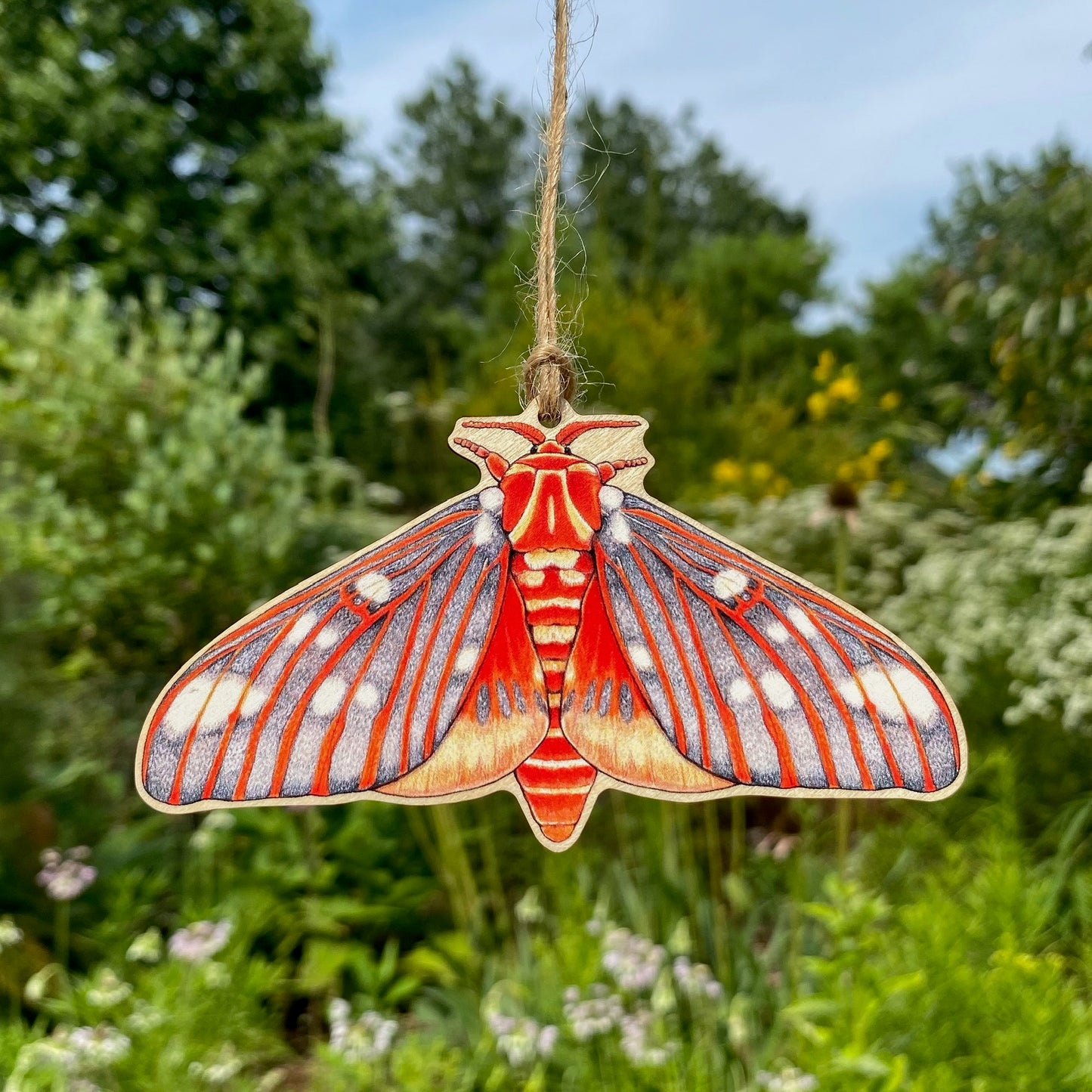 A wooden ornament strung with twine of a regal moth.