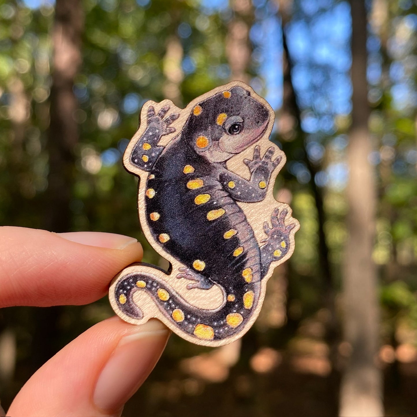 A hand holding a wooden pin of a yellow-spotted salamander.