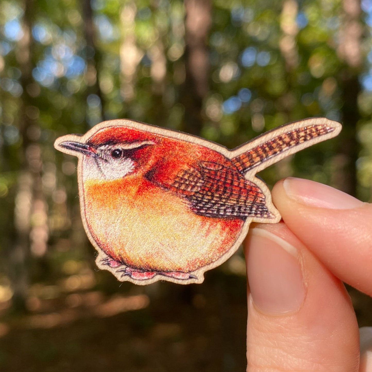 A hand holds a sustainably sourced wooden pin featuring an illustration of a Carolina wren