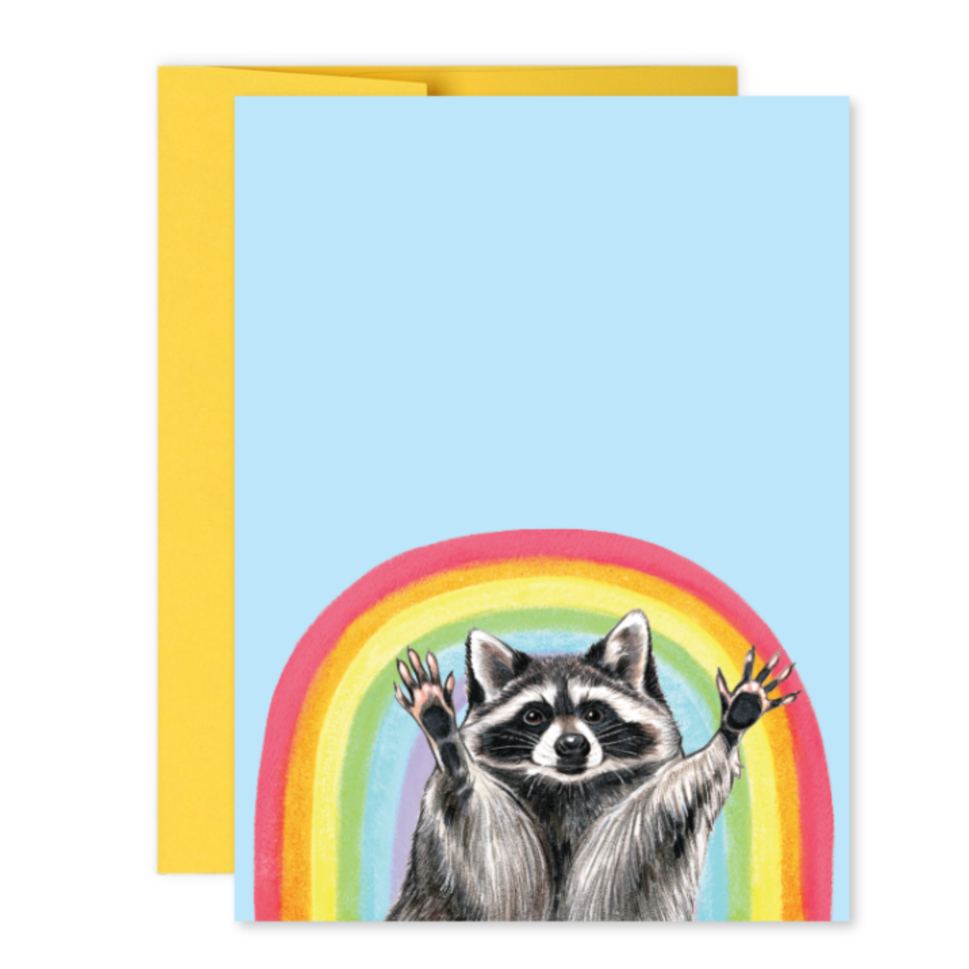Greeting card with a raccoon and a rainbow on a light blue background