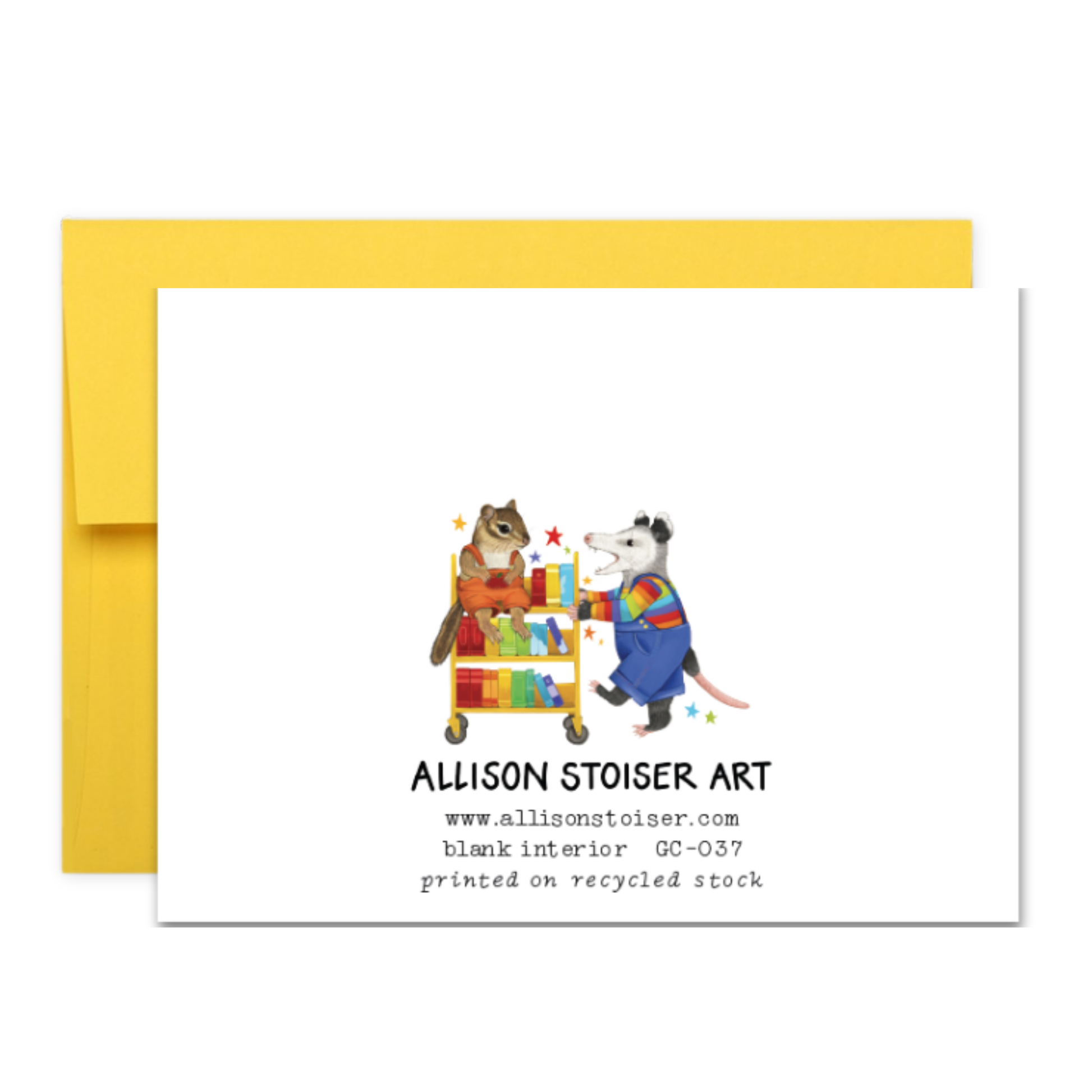 Back of card with illustration of a chipmunk and opossum with a book cart on a yellow envelope, featuring 'Allison Stoiser Art' on a white background.