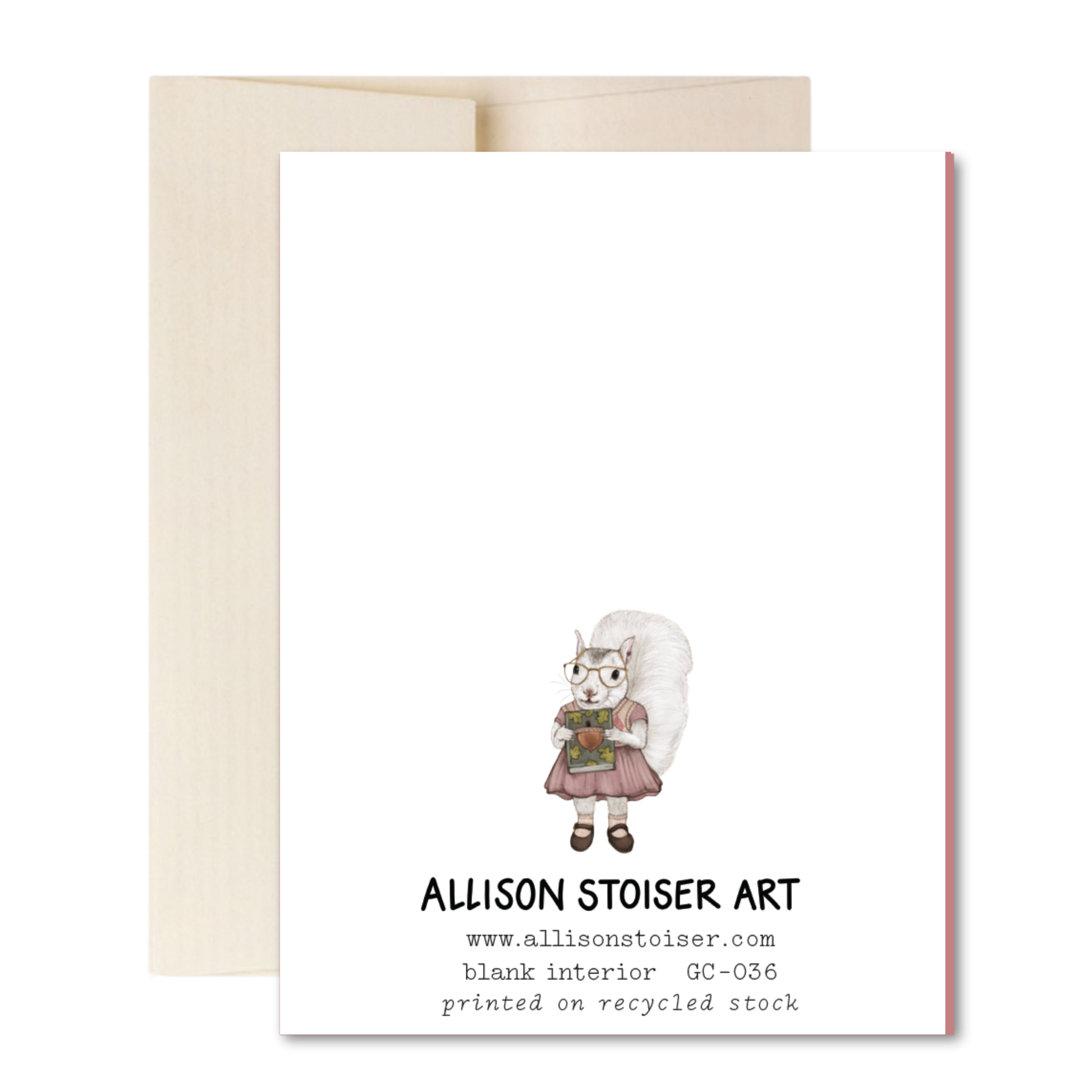 Back of card with a squirrel illustration and 'Allison Stoiser Art' branding on a white background.