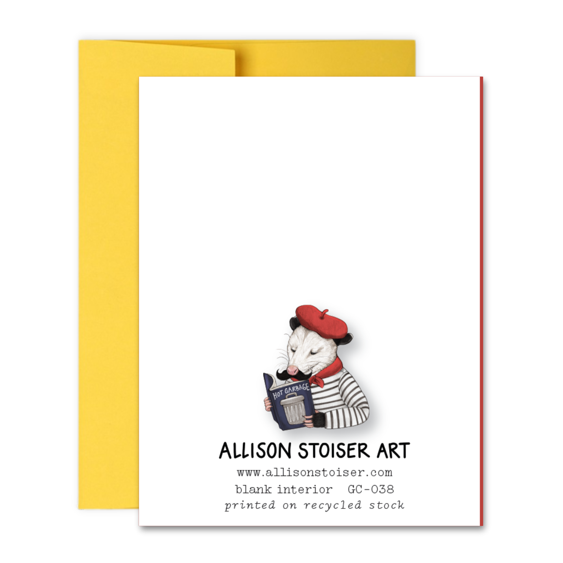 Back of greeting card with an opossum illustration and yellow envelope on a white background