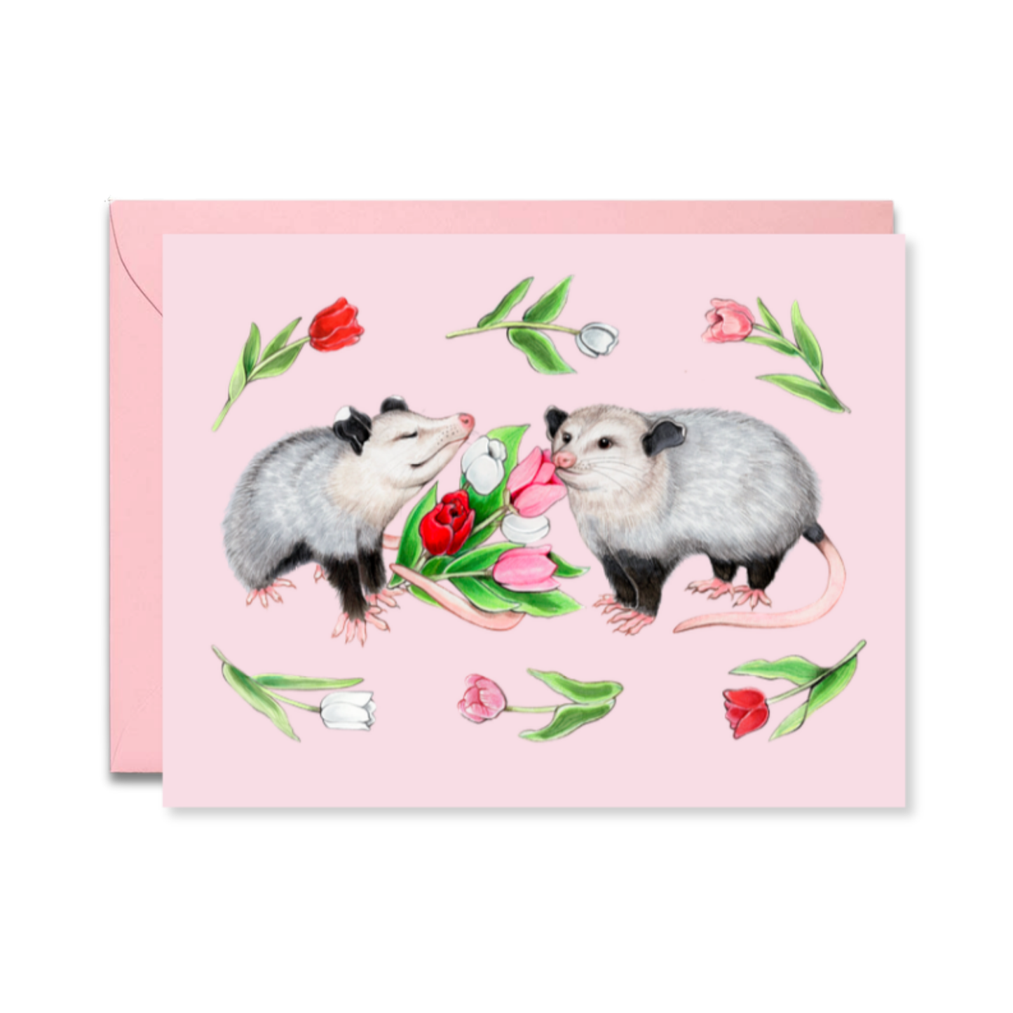 Card with two illustrated opossums and flowers on a pink background