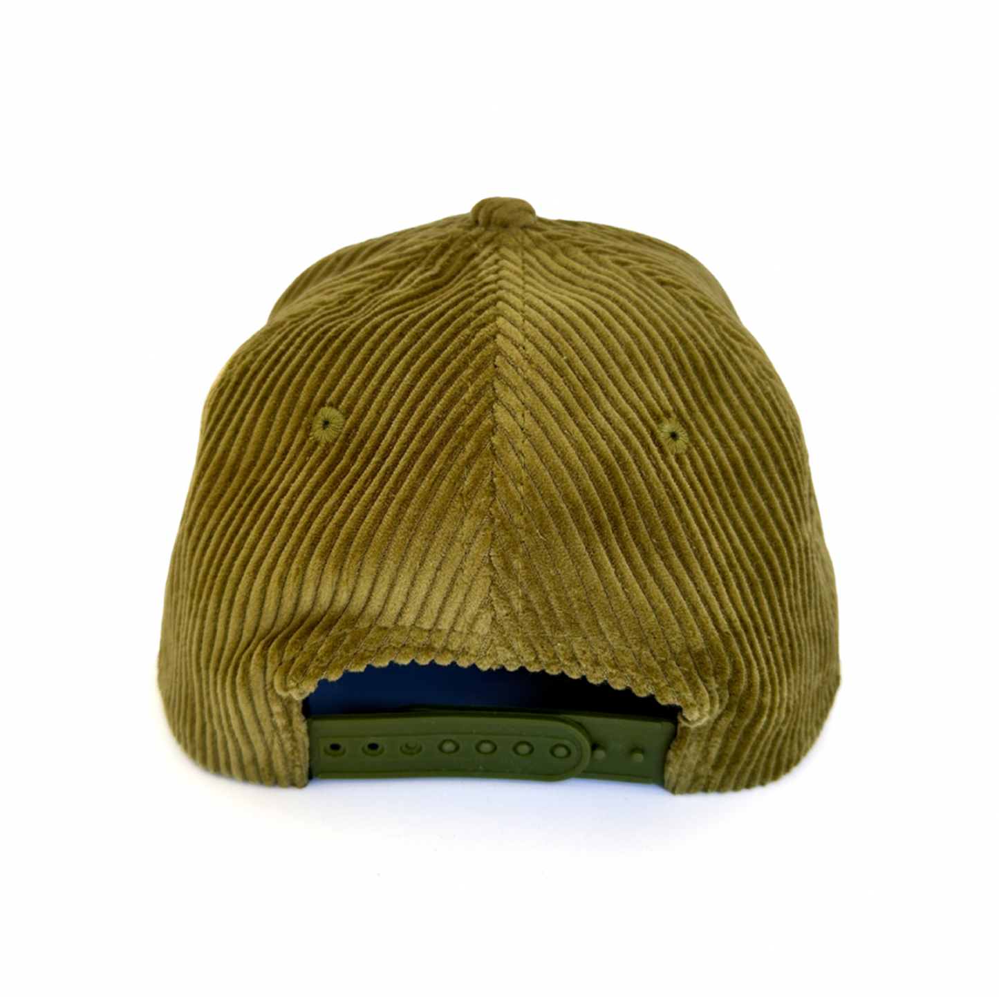 Olive green corduroy cap on a white background
