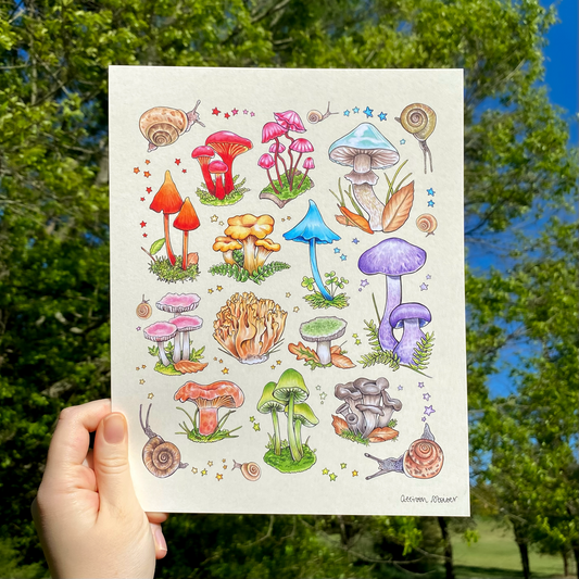 A print featuring rainbow mushrooms and snails