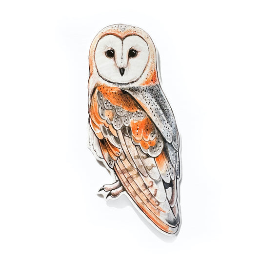 A weatherproof vinyl sticker featuring an illustration of a barn owl