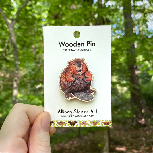 A wooden pin of a beaver