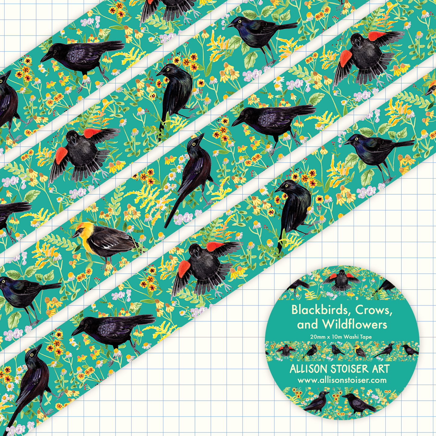 Mockup of washi tape with a teal background and blackbirds, crows, and yellow wildflowers.