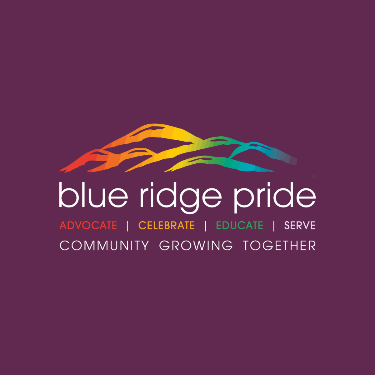 Logo of Blue Ridge Pride with rainbow-colored mountain design on a purple background