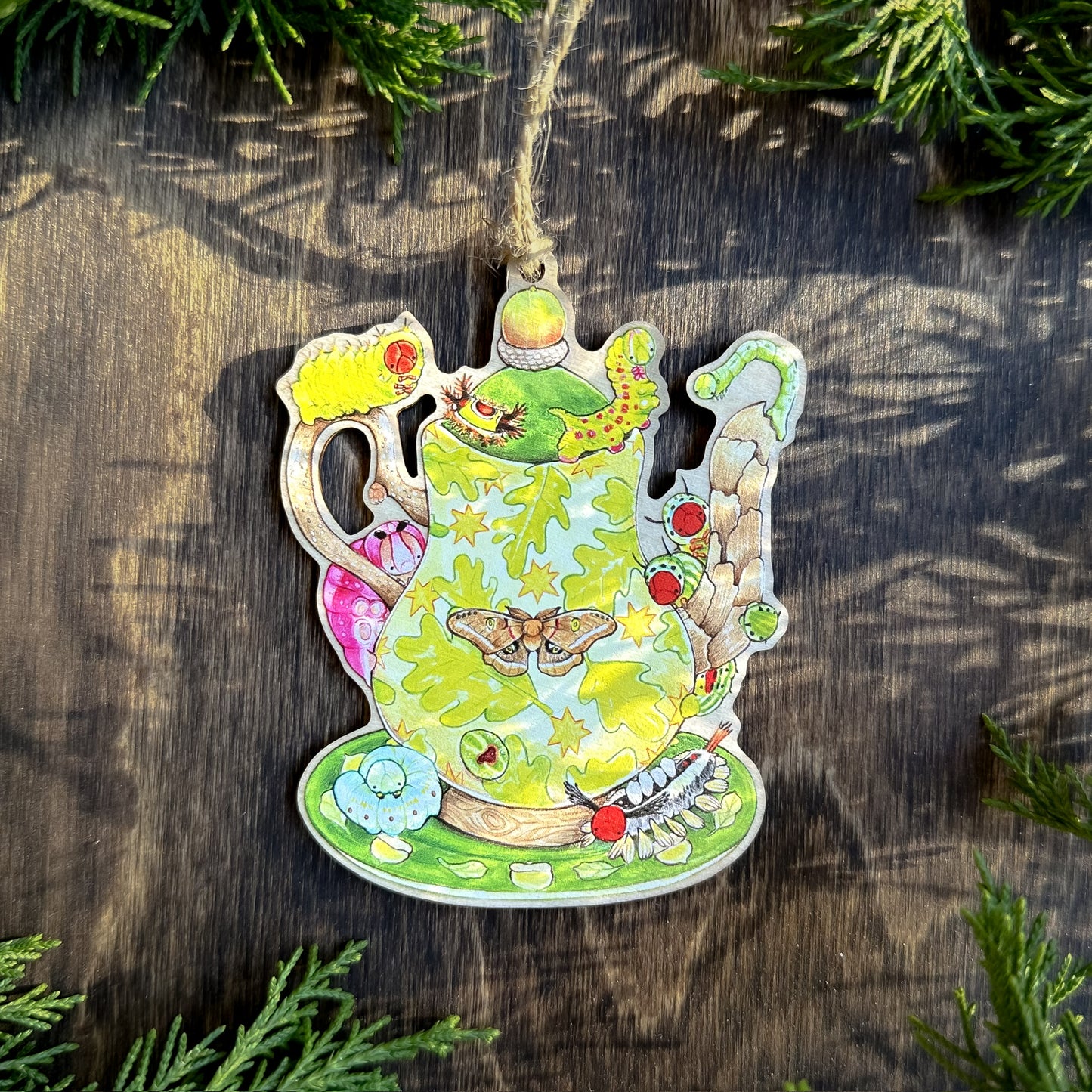 Caterpillar teapot wood print ornament