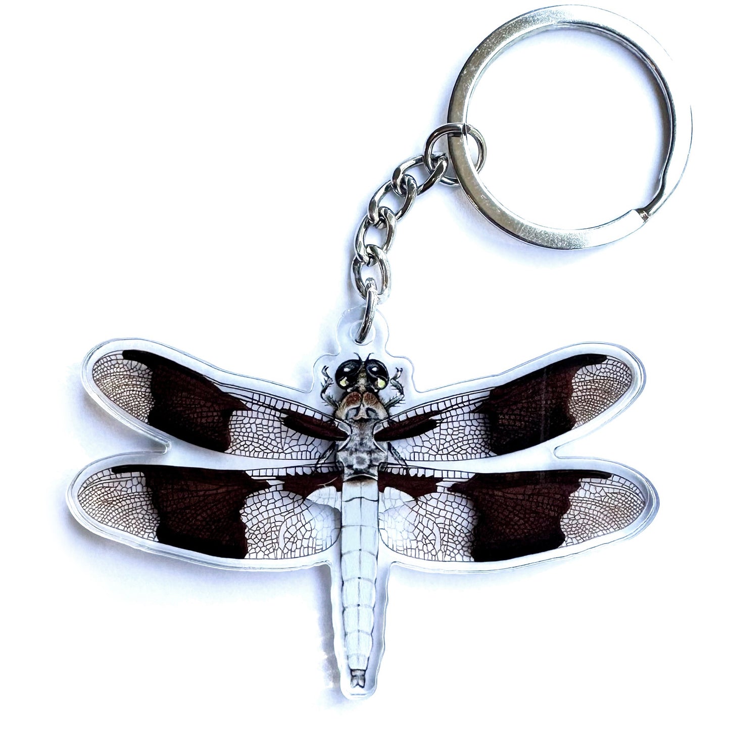A double-sided acrylic keychain featuring an illustration of a common whitetail dragonfly with black, white, and gray colors.