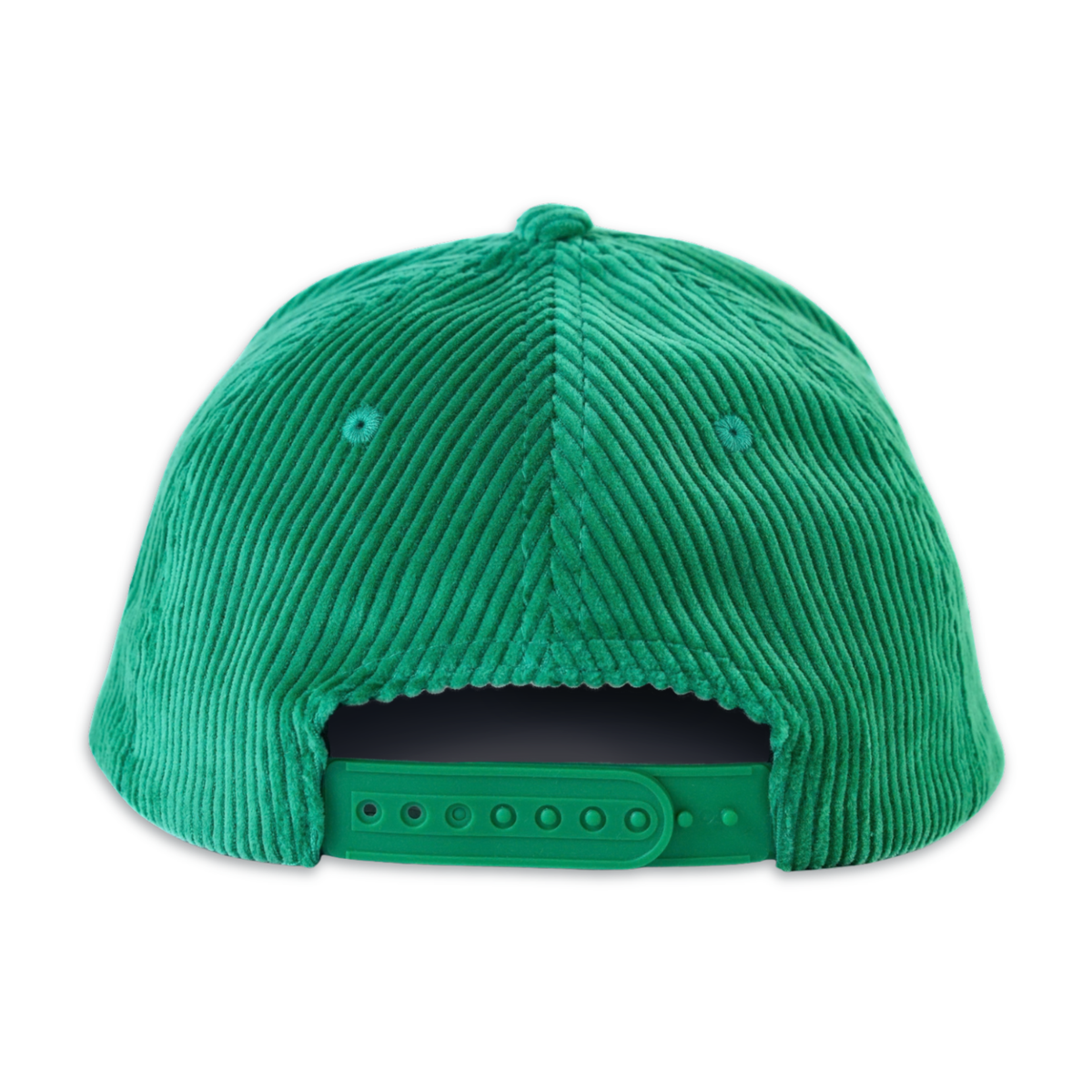 Green corduroy baseball cap shown from the back, featuring a ribbed corduroy texture and an adjustable green plastic snapback closure.