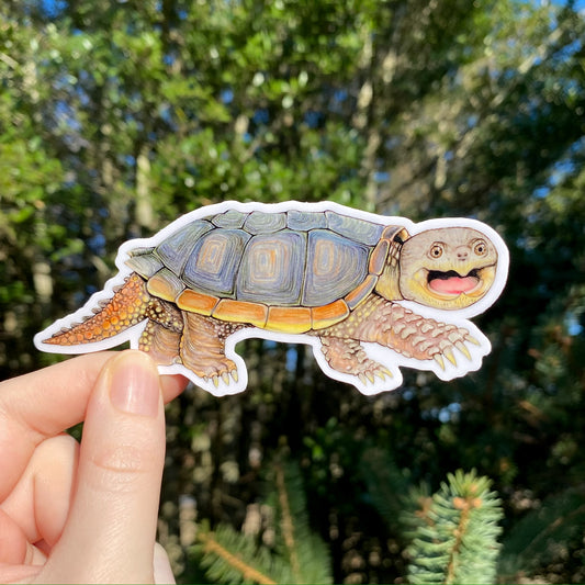 A vinyl sticker depicting a common snapping turtle held in a person's hand, with foliage in the background.
