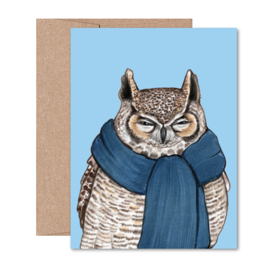 Card with an owl wearing a blue scarf on a light blue background