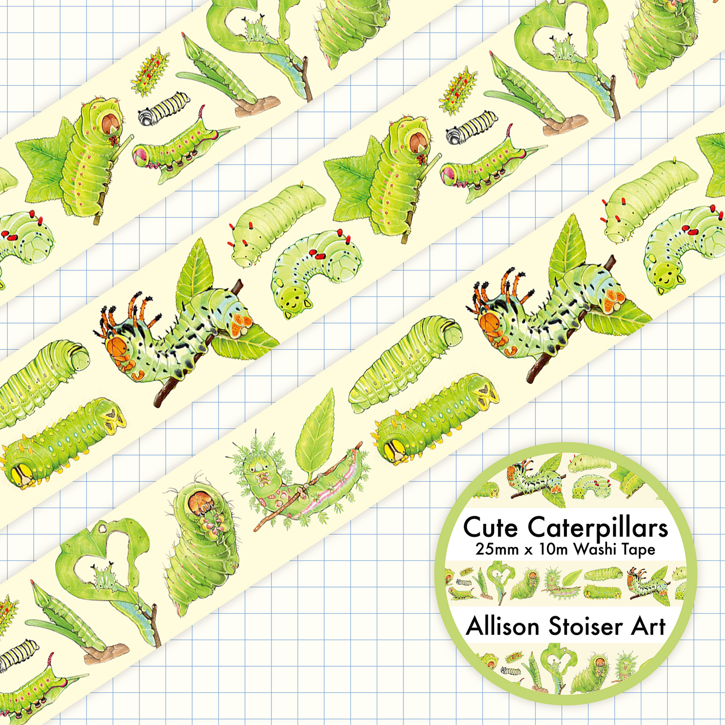 A roll of washi tape featuring various illustrations of cute caterpillars in green on a yellow background. The title of the washi tape is Cute Caterpillars, and it measures 25mm x 10m.