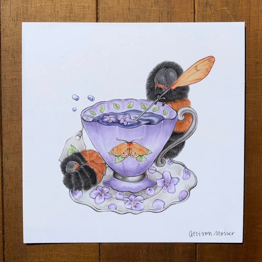 A print of a woolly bear caterpillar tea party
