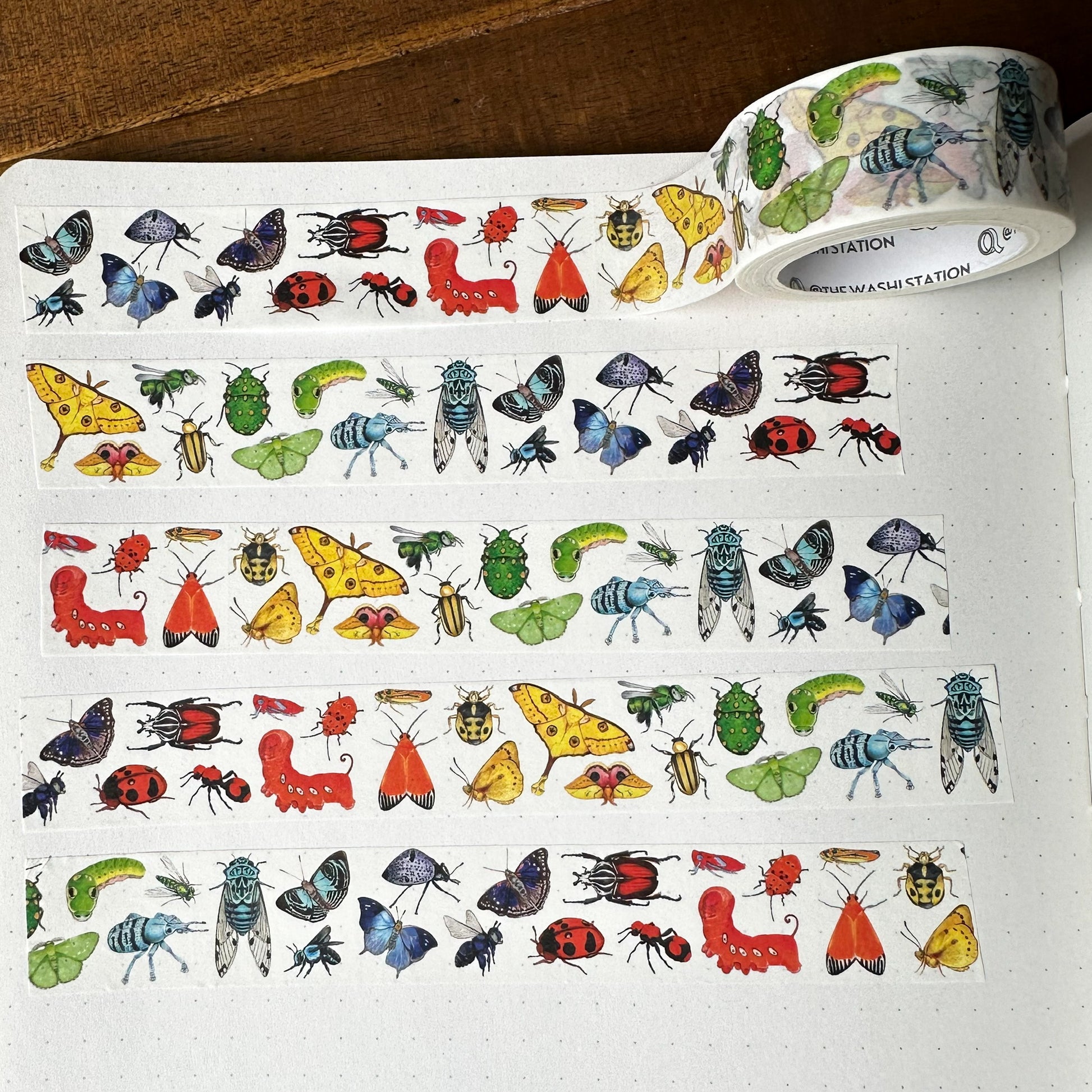 Washi tape with insects arranged in rainbow order swatched in a dot grid notebook.