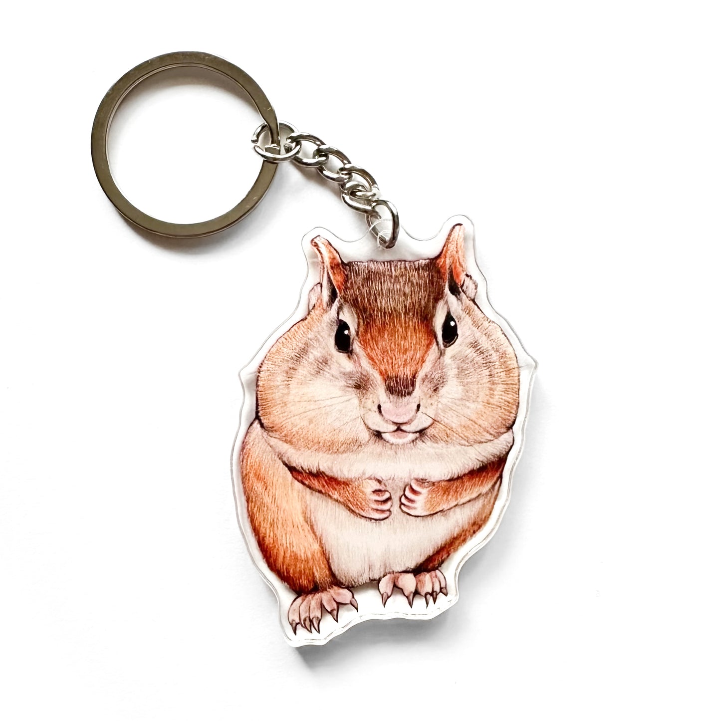 A keychain featuring an illustration of an eastern chipmunk