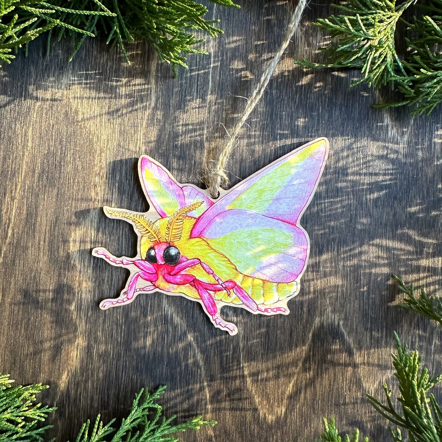 Flying Rosy maple moth wood print ornamen