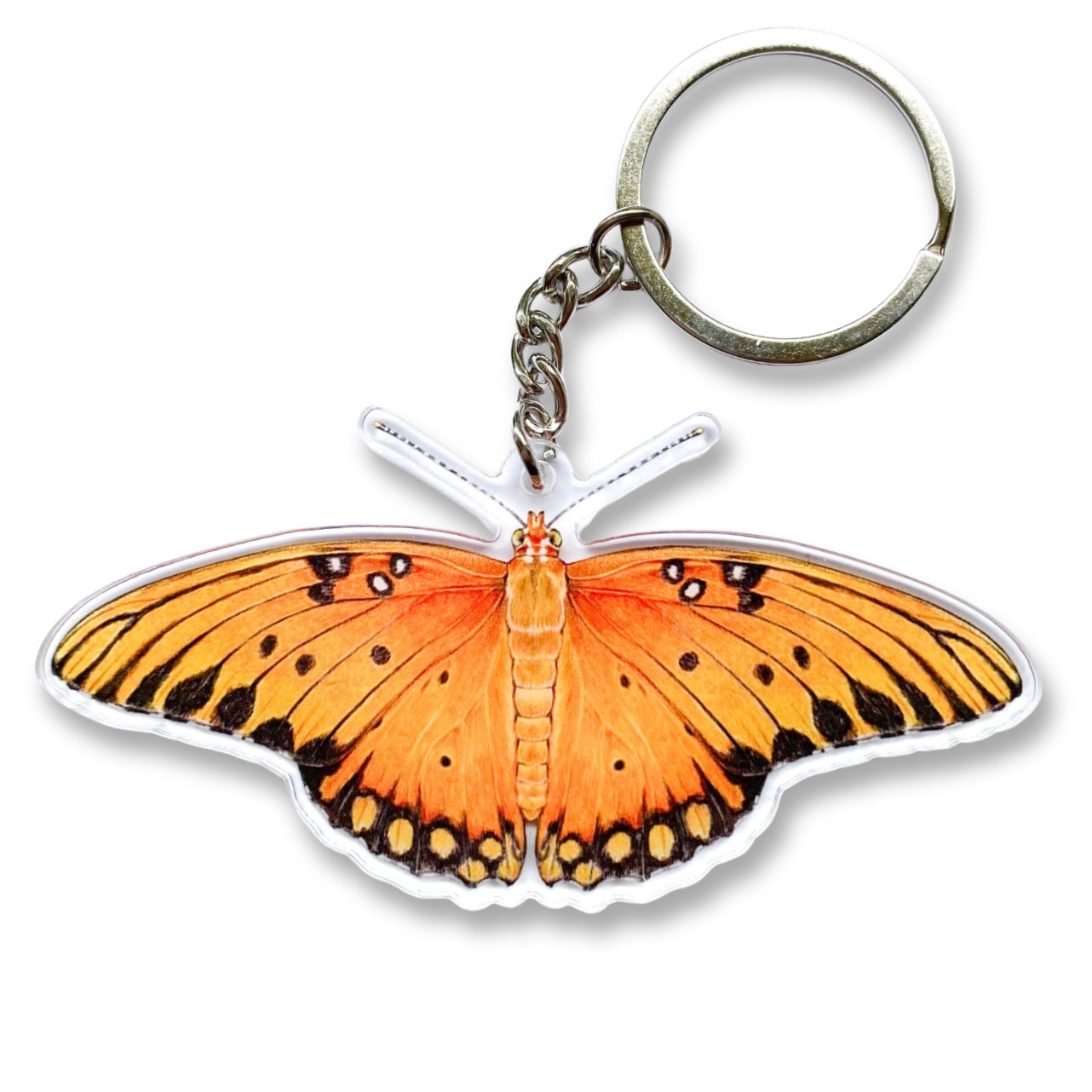 Gulf fritillary butterfly keychain on a white background