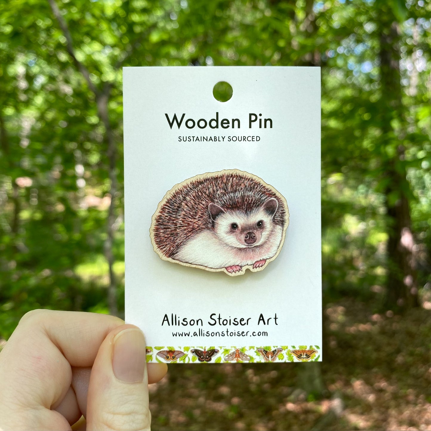A wooden pin of a hedgehog