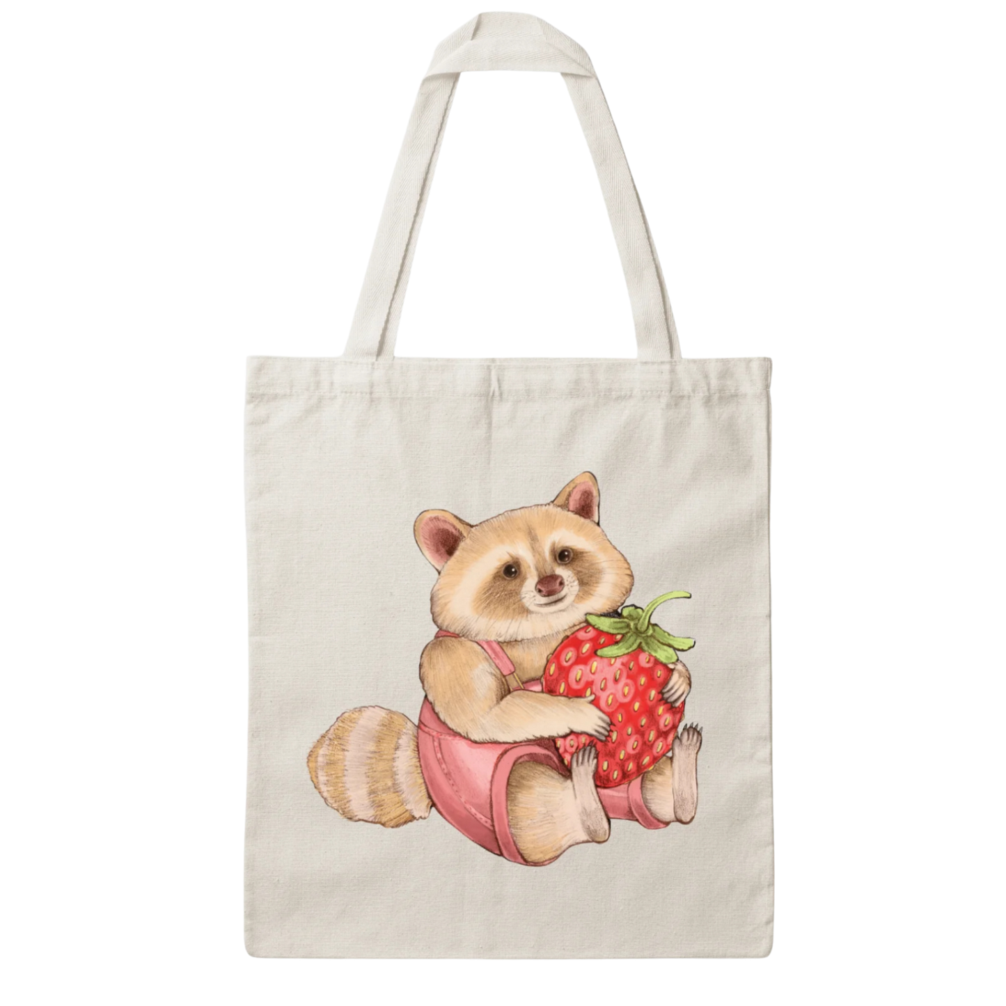 A tote bag of a blond raccoon in pink overalls holding a strawberry on a white background on a white background.
