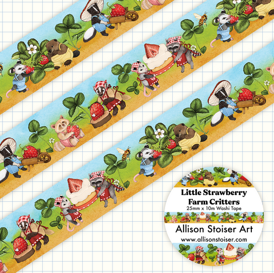 Washi tape with farm critter design on a grid background.