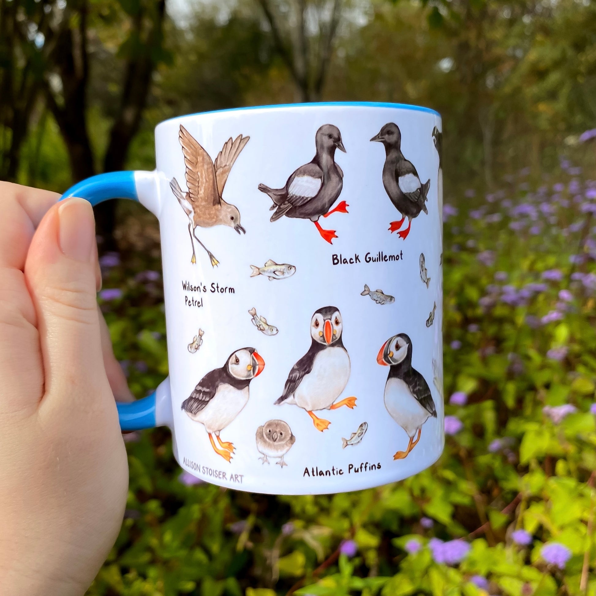 Mug with North Atlantic seabird illustrations held by a hand in a garden setting