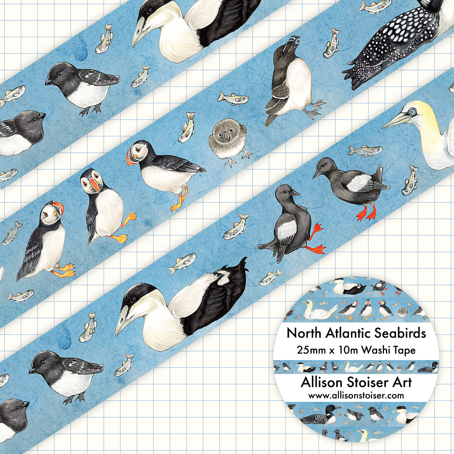 A washi tape with an illustration of various sea birds of the North Atlantic, including a razorbill, Atlantic puffin chicks, and more, against a blue grid background.
