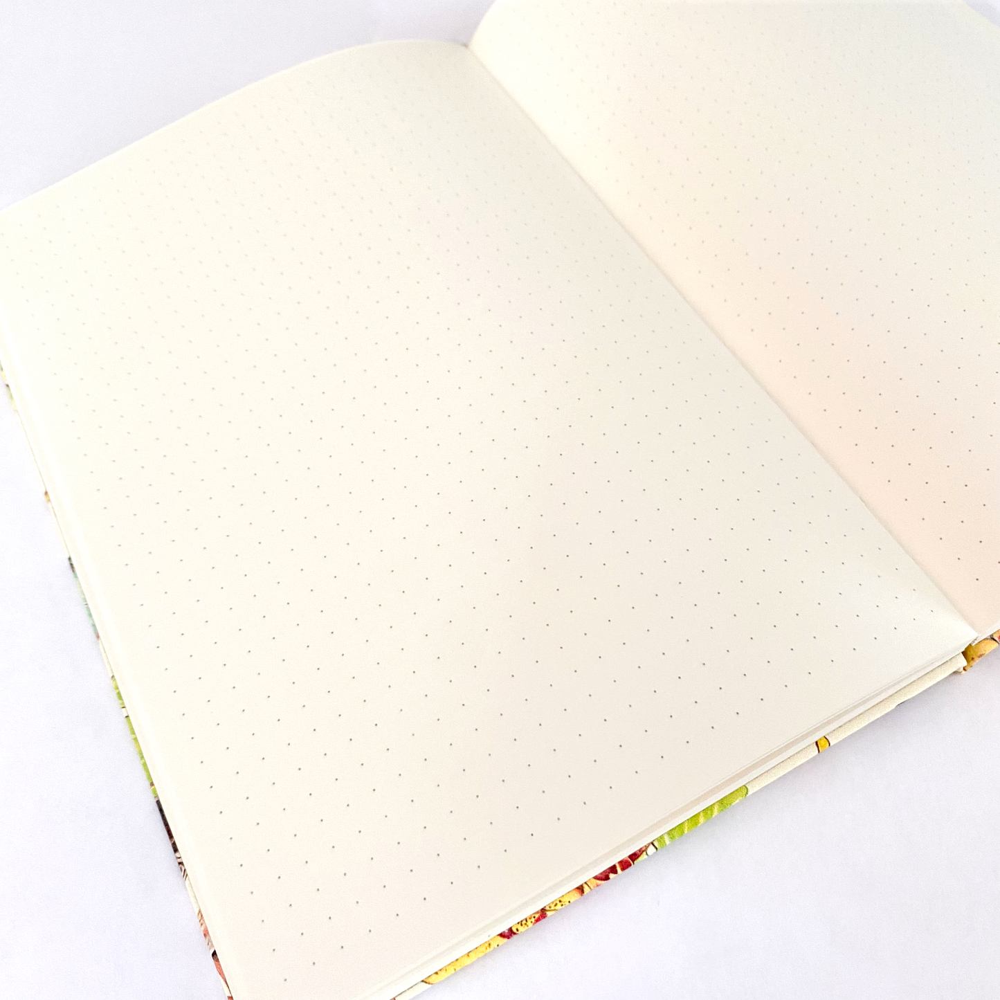 Open notebook with dot grid ivory-colored pages on a white background