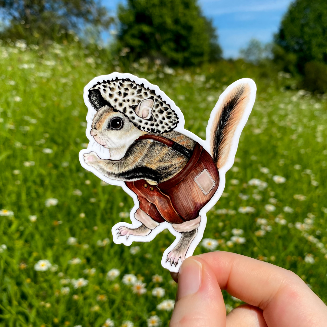 A hand holding a sticker of a flying squirrel in an old man of the woods mushroom hat.