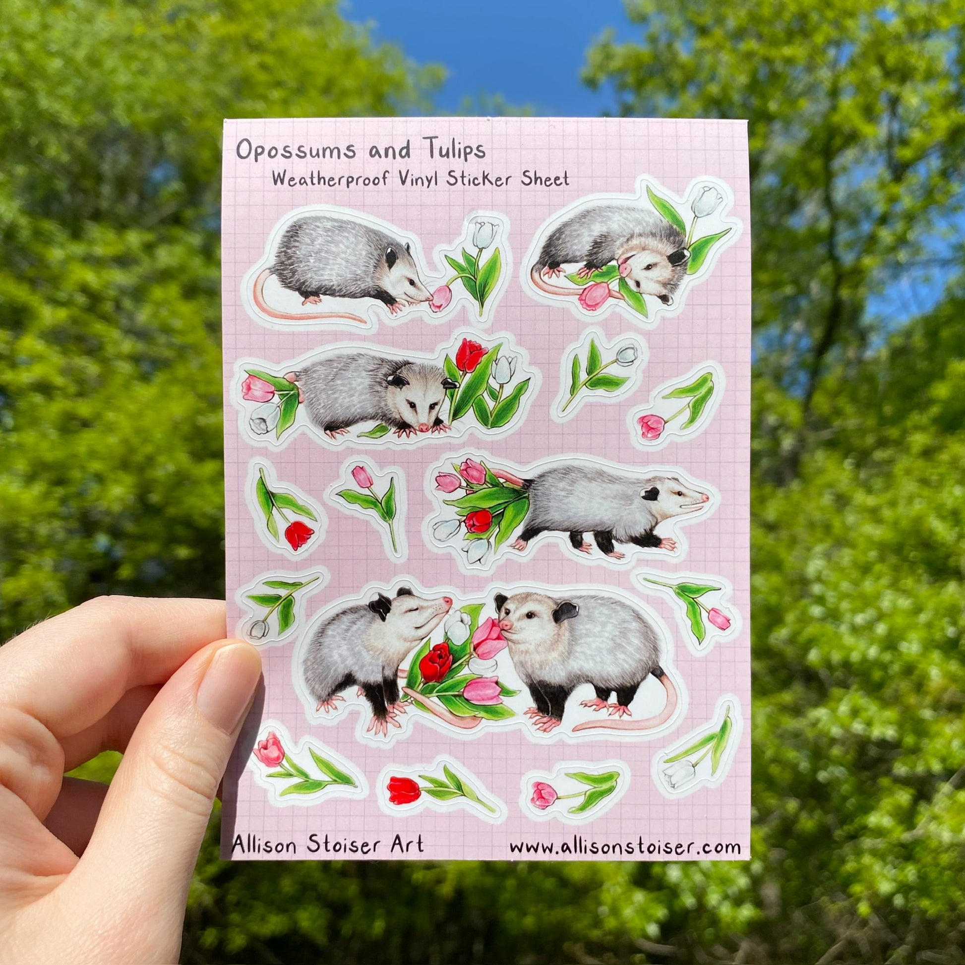 opossums and tulips sticker sheet