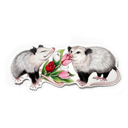 Opossums with Tulip Bouquet Weatherproof Vinyl Sticker