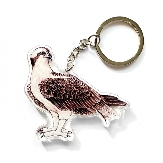 A keychain featuring an illustration of an osprey