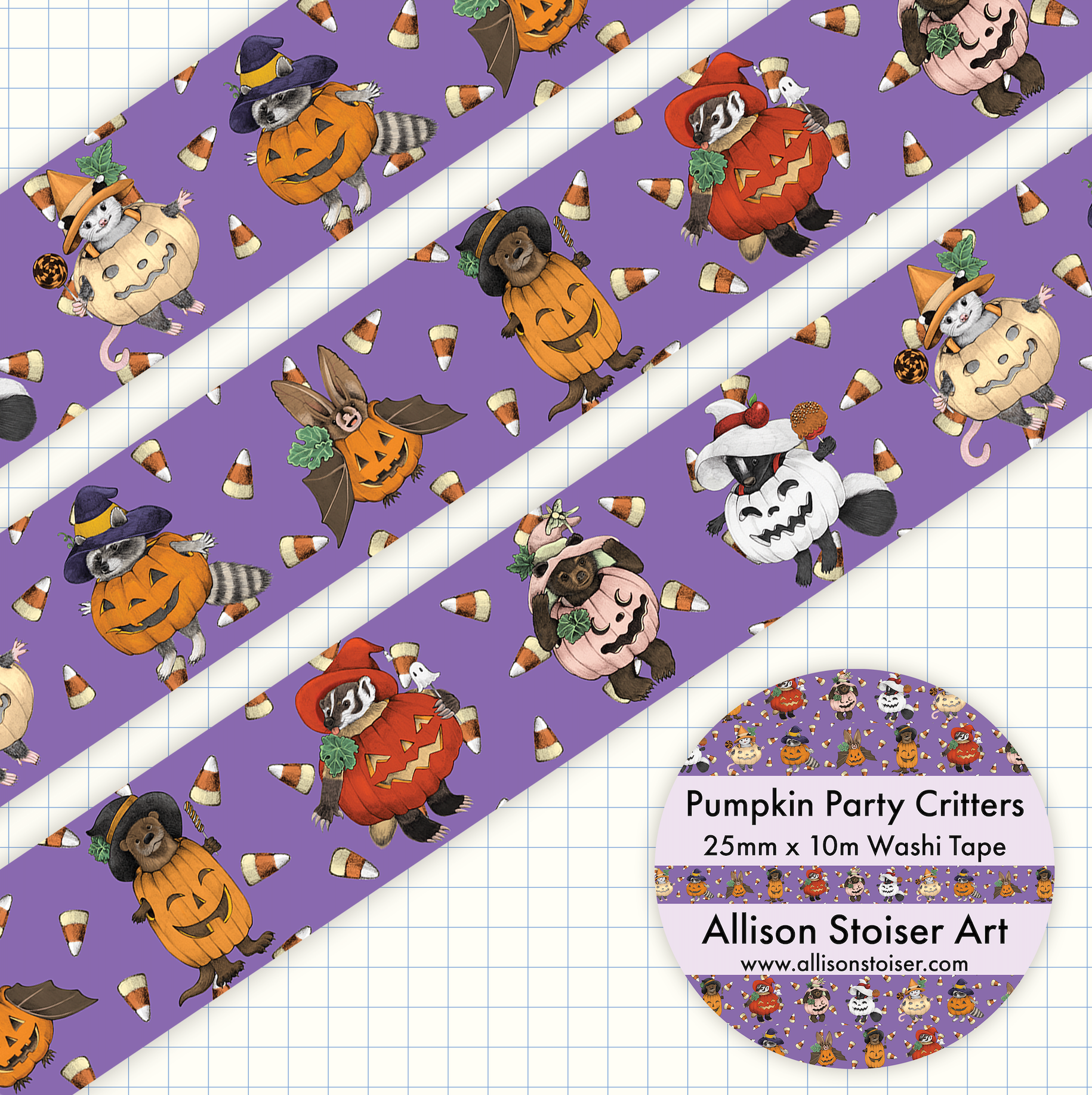 Halloween-themed washi tape with critters dressed in pumpkins on a purple background with candy corn.
