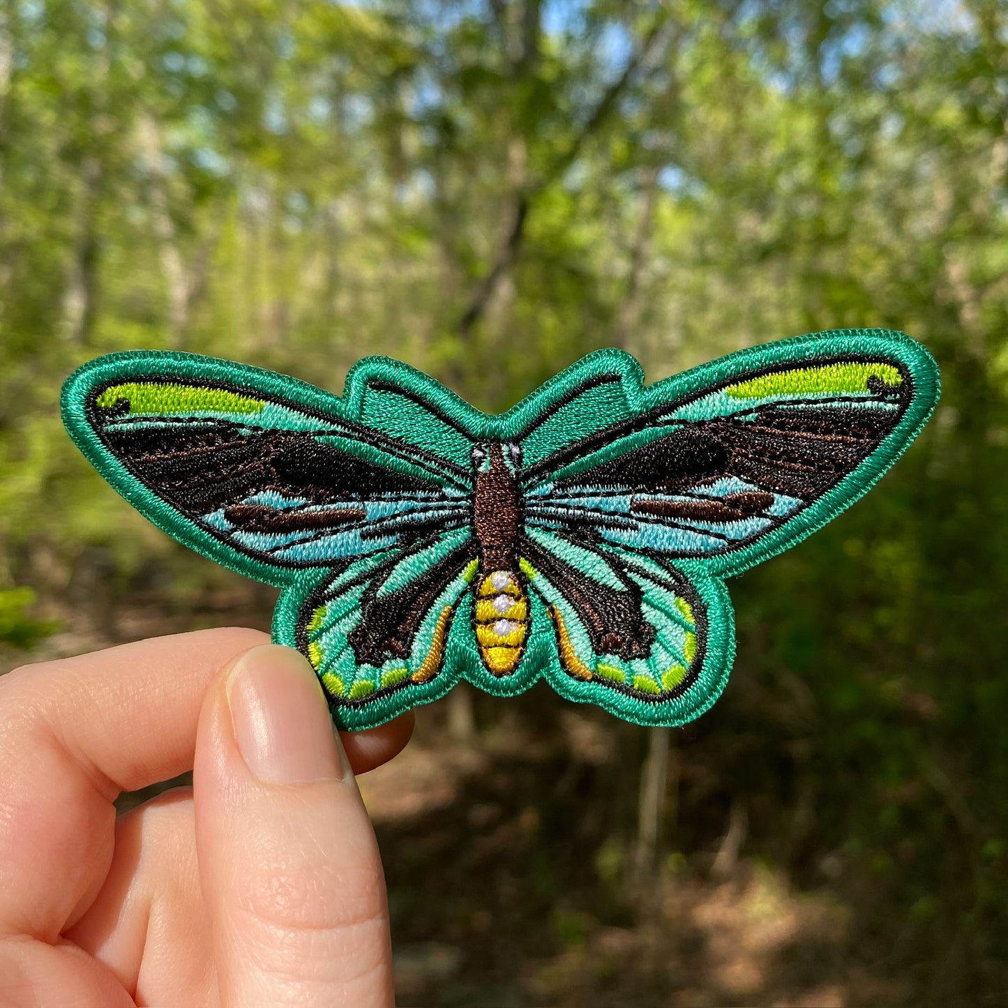 An embroidered patch of Queen Alexandra’s birdwing butterfly