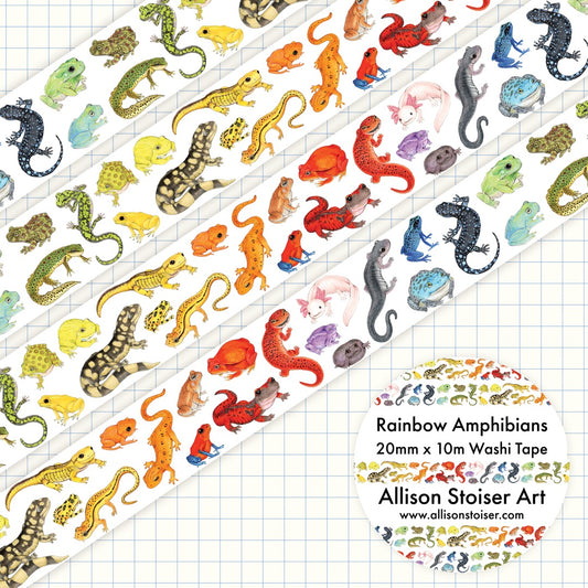A roll of washi tape with colorful illustrations of various amphibians, including frogs and salamanders.