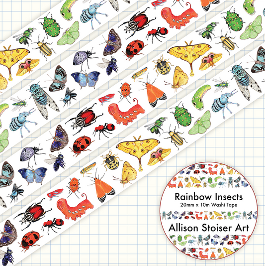 Insects arranged in rainbow order on washi tape.