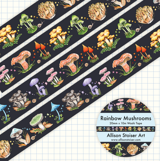 Washi tape with colorful mushroom design on a black background.