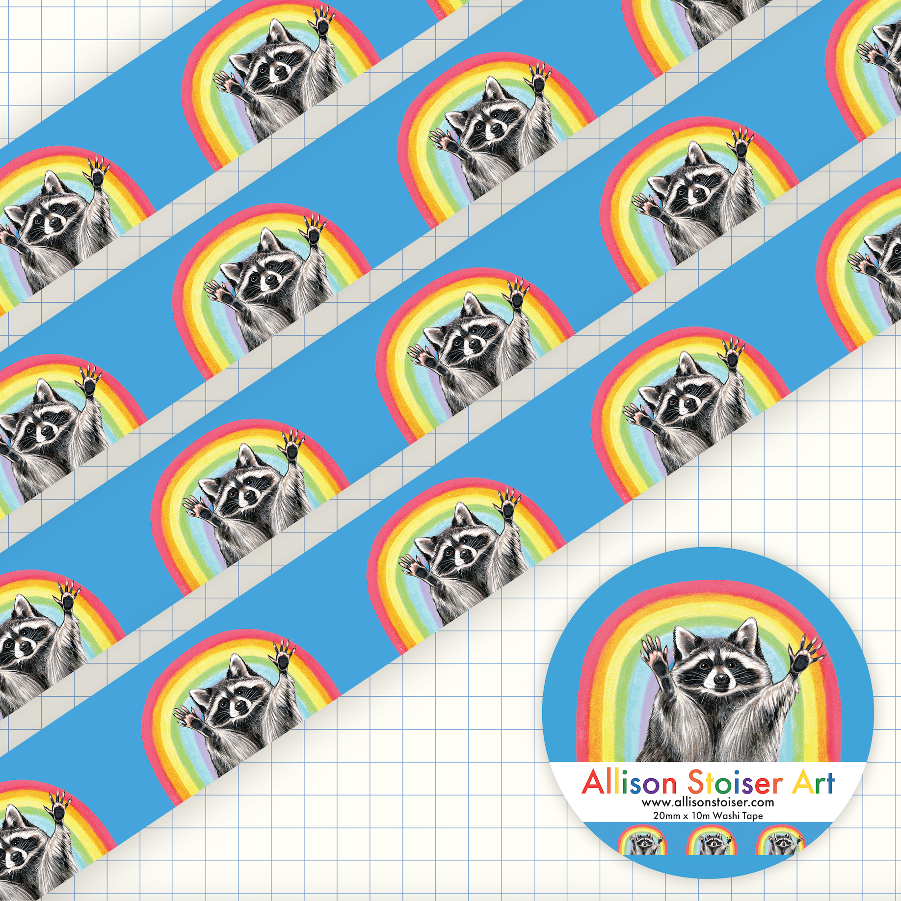 Pattern of raccoons with rainbow backgrounds on a blue background.