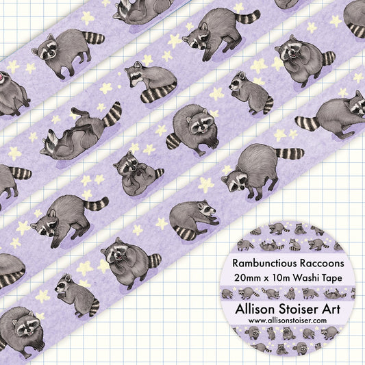 A roll of washi tape with illustrations of raccoons in various poses and expressions on a light purple watercolor background, with stars.