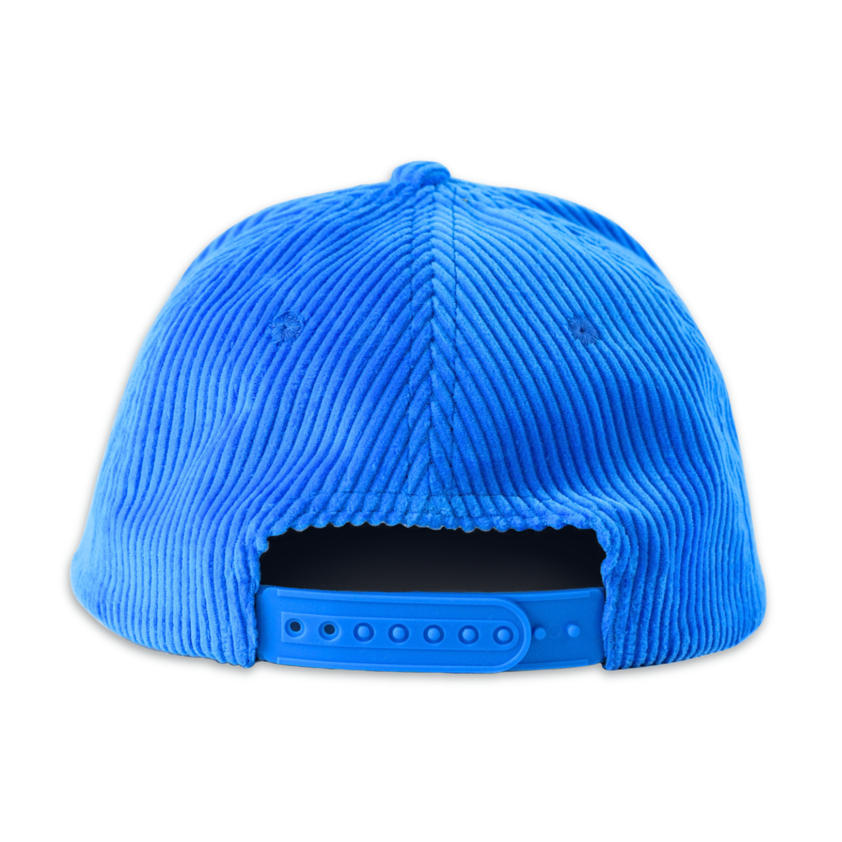 A bright blue corduroy baseball cap viewed from the back, featuring a ribbed corduroy crown and an adjustable blue plastic snapback strap.
