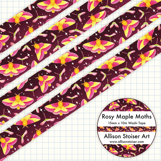 Washi tape with rosy maple moths moths on a dark purple background.