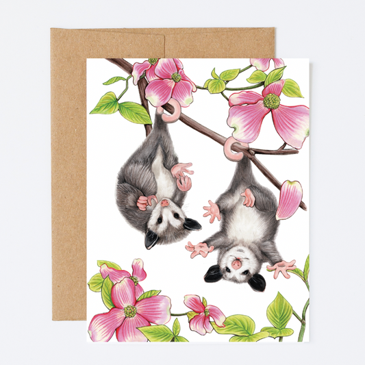 A greeting card of two baby opossums hanging from dogwood branches on a white background. Pink petals fall alongside them.