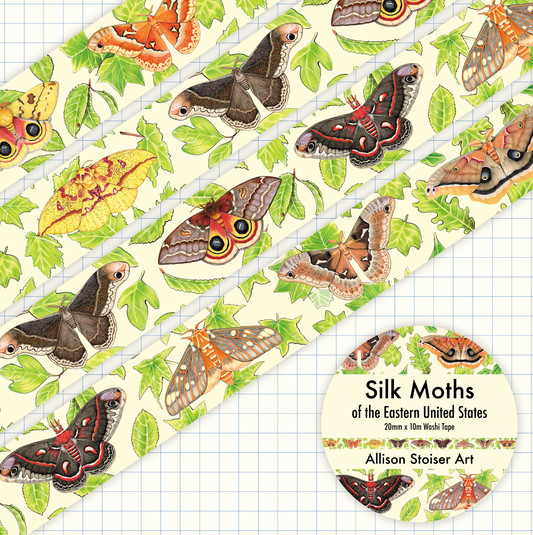 Silk Moths of the Eastern United States washi tape with moths and leaves on a parchment background.