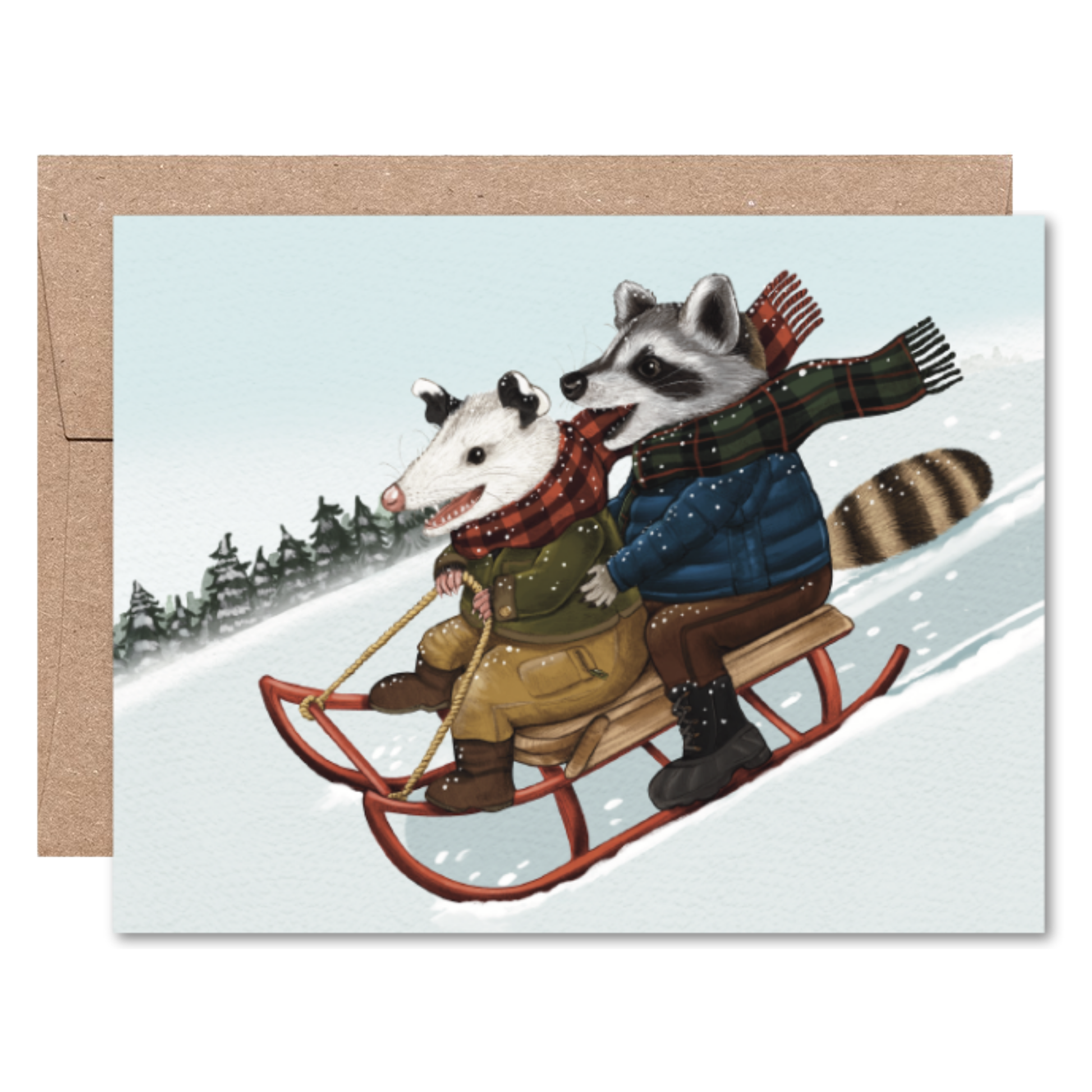 Card with illustration of a raccoon and opossum sledding, with a brown envelope.