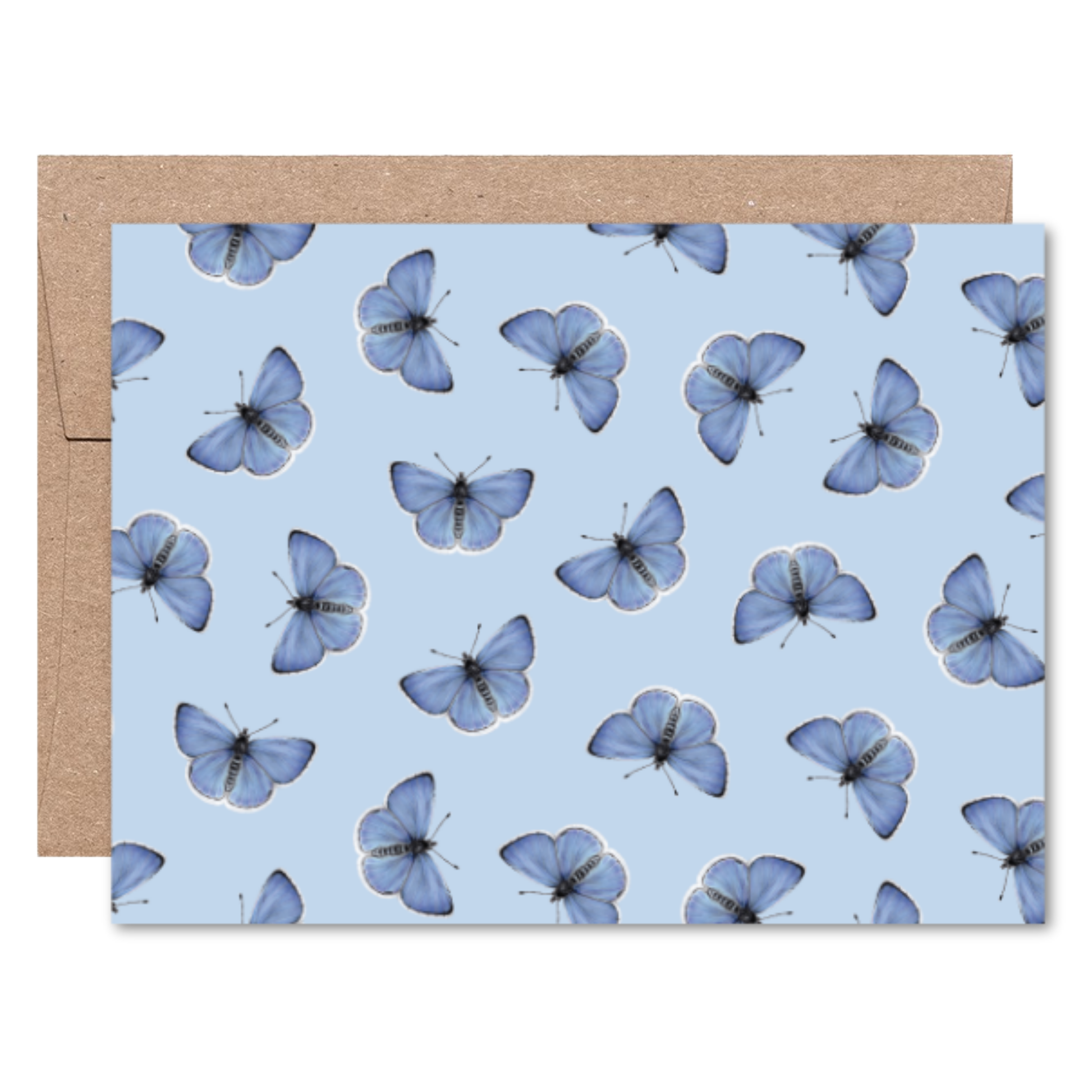 Card with blue butterfly pattern and brown envelope